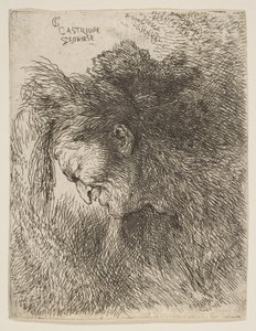 Huvudet på en gammal man som tittar ner, vänd mot vänster, från serien av små huvuden i ..., ca. 1645-1650. av Giovanni Benedetto Castiglione