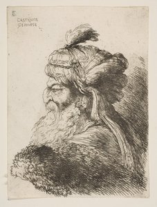 Huvudet på en gammal man med turban vänd åt vänster, från serien Small Heads i ..., ca. 1645-1650. av Giovanni Benedetto Castiglione