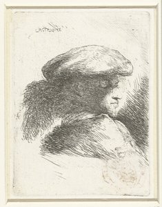 Huvudet av en ung man med en hatt med en fjäder Liten studie av huvuden med orientaliska huvudbonader (serietitel) av Giovanni Benedetto Castiglione