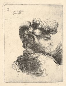 Man i profil vänd åt höger, iklädd pälsmössa, från serie Small Heads i Or..., ca. 1645-1650. av Giovanni Benedetto Castiglione