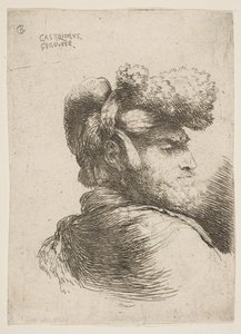 Man i profil vänd åt höger, iklädd pälsmössa, från serie Small Heads i Or..., ca. 1645-1650.
