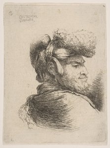 Man i profil vänd åt höger, iklädd pälsmössa, från serien Small Heads in Orie..., ca. 1645-50. av Giovanni Benedetto Castiglione