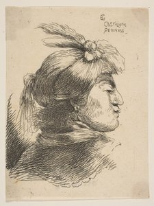 Man som bär en liten turban Oonamenterad med plymer och band, vänd åt höger, från ..., ca. 1645-1650. av Giovanni Benedetto Castiglione