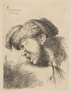 Man klädd i turban, en slips runt halsen, vänd åt vänster, från serien ..., ca. 1645-50. av Giovanni Benedetto Castiglione