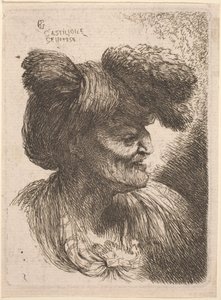 Gammal man som bär en turban prydd med päls, vänd åt höger av Giovanni Benedetto Castiglione