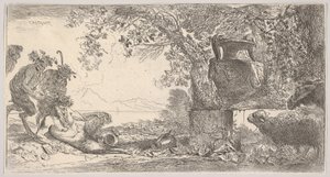 Pann liggande till vänster med två stående satyrer, en stor vas på en piedestal till höger, ca. 1645. av Giovanni Benedetto Castiglione