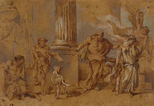 The Expulsion of Hagar, c.1640 (rödbrun, blågrön och vit oljefärg och pensel på solbrunt papper) av Giovanni Benedetto Castiglione