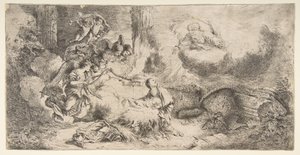 Jungfrun och barnet, Gud fadern uppe till höger, änglar till vänster, ca. 1647-50. av Giovanni Benedetto Castiglione
