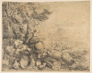 Två herdar, en åsna och andra djur i ett landskap, ca. 1638-1640. av Giovanni Benedetto Castiglione