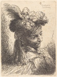 Ung man med huvudbonad av päls och pannband, vänd åt höger av Giovanni Benedetto Castiglione