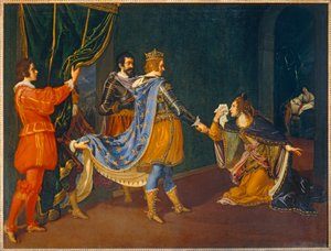 Isabella av Aragonien vädjar till Karl VIII för sin far Alfonso, kung av Neapel, och sin make Giovanni Galeazzo Sforza, hertig av Milano...