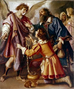 Arkangeln Raphael vägrade Tobie Tobis gåvor som erbjuder pengar till Tobies följeslagarängel som gav honom tillbaka synen. Målning av Giovanni Bilivert (1576-1644)