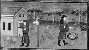 Decameron,Frédéric knackar på Madame Tessas dörr; mannen hittar mat och vin under ett persikoträd. Sjunde dagen, novell 1 av Giovanni Boccaccio