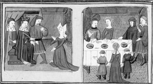 Decameron,Giletta ber kungen att låta henne gifta sig med Beltramo di Rossiglione; Giletta presenterar sina barn för Beltramo. Tredje dagen, novell 9 av Giovanni Boccaccio