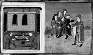 Decameron, Giovanni del Bragoniera och Biagio Pizzini stjäl reliken från broder Ciboule; munken märker bybornas kläder med kolen. Dag sex, nyhet 10 av Giovanni Boccaccio