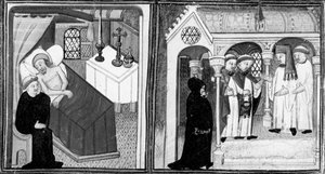 Decameron,Den döende Ciappellettos bekännelse; de troende inbjuds till andakt. Första dagen, novell 1. av Giovanni Boccaccio