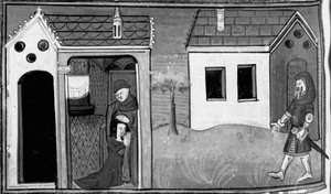 Decameron, Arimino hör sin hustrus bekännelse; mannen står vakt vid dörren till huset. Sjunde dagen, novell 5 av Giovanni Boccaccio