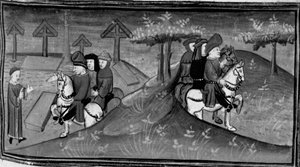 Decameron, Betto Brunelleschi och hans brigad möter Guido Cavalcanti; Betto förklarar Guidos ord för sina vänner. Dag sex, nyhet 9 av Giovanni Boccaccio