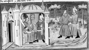 Decameron, Melchisedek berättar för Saladin liknelsen om de tre ringarna; de två männen blir vänner. Första dagen, novell 3. av Giovanni Boccaccio