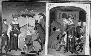 Decameron, Ruggieri lämnar kung Alfonso; kungen uppmanar Ruggieri att välja mellan två kistor. Tionde dagen, novell 1 av Giovanni Boccaccio