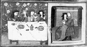 Decameron, Spinelloccio och Zeppa sitter till bords med sina fruar; Zeppa kysser Spinelloccios fru. Dag åtta, novell 8 av Giovanni Boccaccio