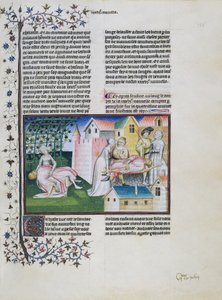 Gabriotto dör i Andreuolas armar, Andreuola tar hem sin kropp och arresteras, Andreuola förklaras oskyldig och blir nunna, miniatyr av Decameron, fjärde dagen, sjätte sagan, av Giovanni Boccaccio (1313-1375)