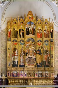 Polyptyk med Madonna med barnet tronande mellan Sankt Eustatius, Sankt Petrus, Sankt Jakob den store, Sankt Venantius, Beato Guardato, Sankt Nikolaus av Bari, Kristi korsfästelse, Sankt Sebastian och Sankt Eleutherius, Berättelser ur Sankt Eus liv