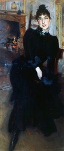 Alaide Banti vid den öppna spisen (olja på panel) av Giovanni Boldini