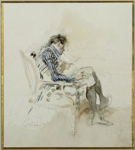 Gentleman sitter i en fåtölj och läser en bok och röker en pipa av Giovanni Boldini
