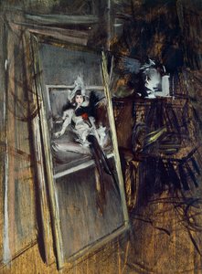 Inuti målares ateljé med målning Young Girl, Errazuriz, av Giovanni Boldini (1842-1931) av Giovanni Boldini