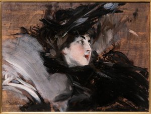 Dam som bär en motorhuv av Giovanni Boldini