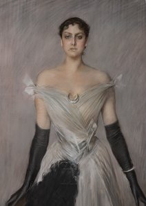 Porträtt av en dam i vitt med handskar och fläkt, detalj av Giovanni Boldini