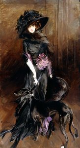 Porträtt av Marchesa Luisa Casati, med en vinthund, 1908