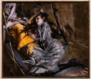 Liggande flicka i tartanklänning av Giovanni Boldini