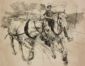 Förstärkningsvagnshästar, gravyr från originalteckning av Giovanni Boldini, från hans målning, från L