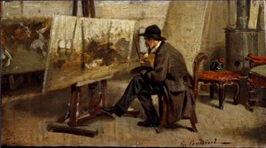 Målaren Giovanni Fattori i sin verkstad Målning tillskriven Giovanni Boldini (1842-1931) 1863-1869 Sön. 13x24 cm Milan privat samling av Giovanni Boldini