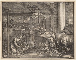 Tillbedjan av herdarna av Giovanni Britto after Titian