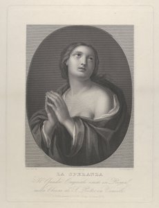 Kvinnlig personifiering av Hope tittar upp med händerna sammanhållna och vänster axel..., ca. 1835-81. av Giovanni Buonafede