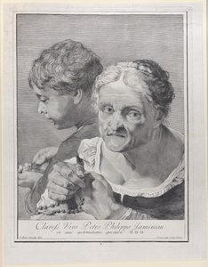 Gammal kvinna med ett radband och en pojke som räknar mynt, 1743. av Giovanni Cattini