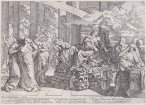 Didos självmord som vilar på ett bål i centrum, omgiven av många figurer, 1650-55. av Giovanni Cesare Testa