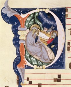 Ms 561 f.31v Historikert initial "D" som skildrar födseln, från en gradual från klostret San Jacopo di Ripoli, tidigt 1300-tal