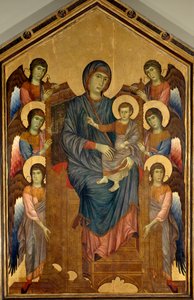 Jungfrun och barnet i majestätiskt omgiven av sex änglar. Målning av Gualtieri Giovanni dit Cimabue (cirka 1240-1302)