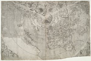 Världskarta, Mundu [sic] spericum...du kommer att känna till John Matthew Contarenis flit.., av Contarini, Giovanni och Francesco Rosselli av Giovanni Contarini