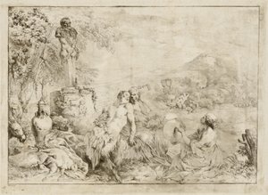 Landskap med en Satyrfamilj och klassisk skulptur av Giovanni David after Giovanni Benedetto Castiglione