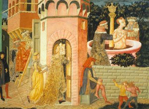 Berättelser om Susanne, cirka 1450, höger sida av målad kista av Giovanni di Ser Giovanni, känd som Lo Scheggia (1406-1486), tempera på panel, detalj