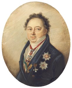 Greve Dmitry Pavlovich Tatishchev, vänd åt vänster i blå rock, vit väst och stock av Giovanni Domenico Bossi