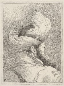 Skäggig man med turban, avbildad som bröstbild bakifrån i trekvartsprofil, ur "Samling av huvuden" (Raccolta di teste) av Giovanni Domenico Tiepolo