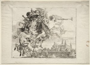 Flyg till Egypten: Dedikation med bevingad berömmelsesfigur som bär prinsbiskopen av Wurzburgs vapen av Giovanni Domenico Tiepolo