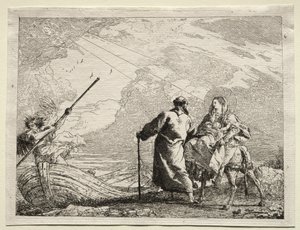 Flyg till Egypten: Den heliga familjen anländer till flodens strand av Giovanni Domenico Tiepolo