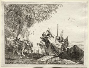 Flyg till Egypten: Den heliga familjen i landstigning av Giovanni Domenico Tiepolo